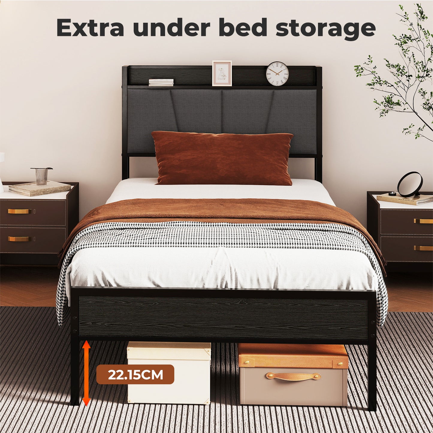 Levede Single Bed Frame Metal Platform Linen Upholstered Headboard with Storage