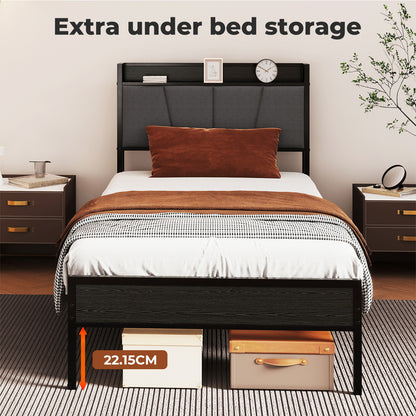 Levede Single Bed Frame Metal Platform Linen Upholstered Headboard with Storage