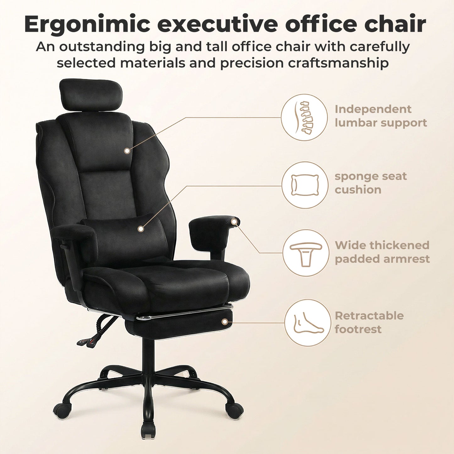 Executive Ergonomic Office Chair Suede Fabric Wide Seat 155° Recline Footrest