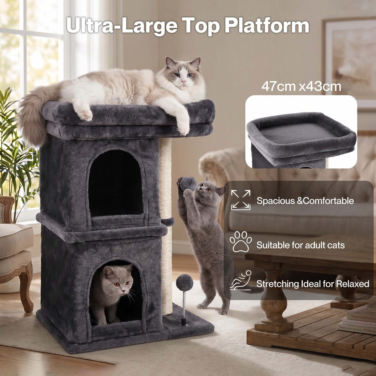 Skylos Cat Tree with Scratching Sisal Post Large Top Perch 2 Condos Dark Grey