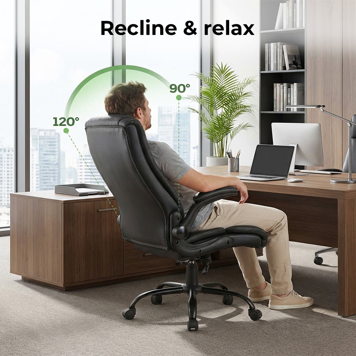 Levede Executive Office Chair PU Leather Reclining Desk Chair Flip-Up Armrests