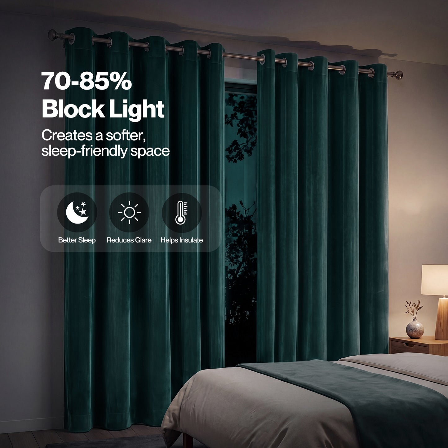 Marlow Thick Thermal Blackout Curtains Velvet 66x90 Inch Eyelet Ring Top Green