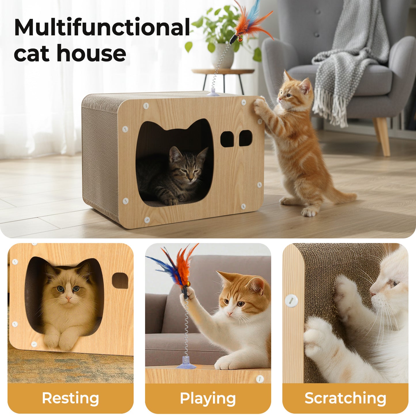 Skylos Cat Scratching Post Cat Cardboard House Cat Scratcher with Toy Indoor