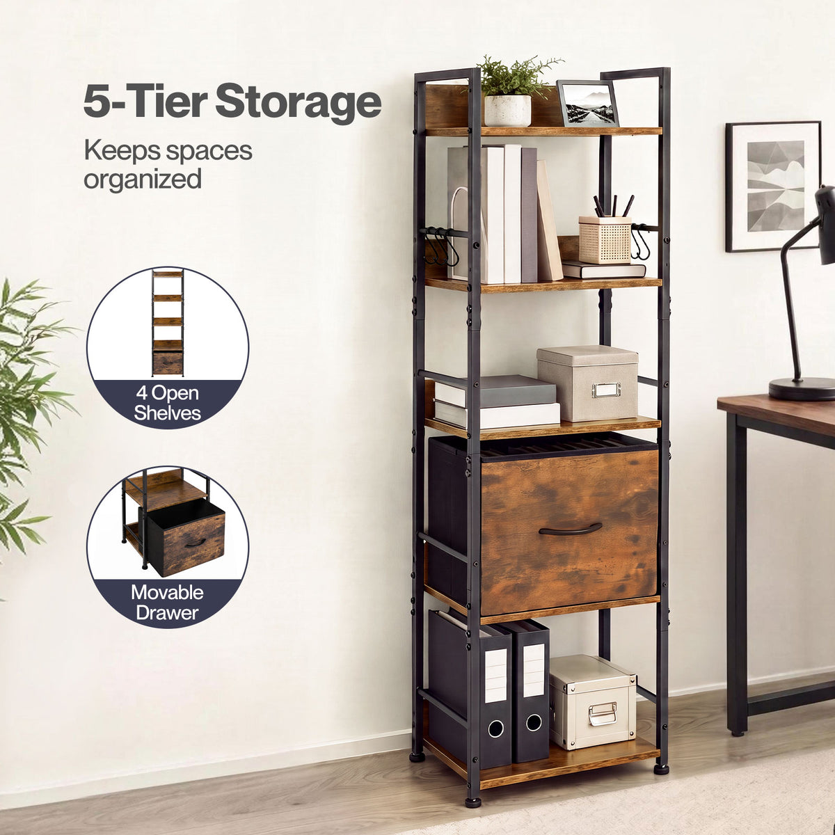 Levede Bookcase Drawer 5 Tier Slim Book Shelf Storage Unit Living Room Brown
