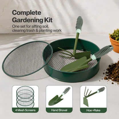 Garden Sieve Soil Sifter Set Metal 4 Mesh Inserts Shovel Hoe for Pots Green