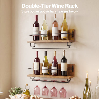 Levede Wall Wine Rack With Glass Holder Floating Wine Shelf Home Bar Storage 2PC