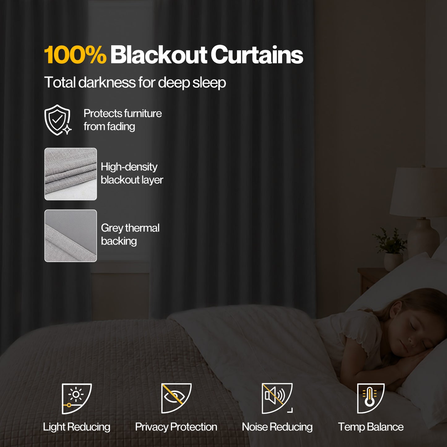 Marlow 100% Blackout Curtains Thermal Linen Look Pair Ready Made 52x84 in Grey