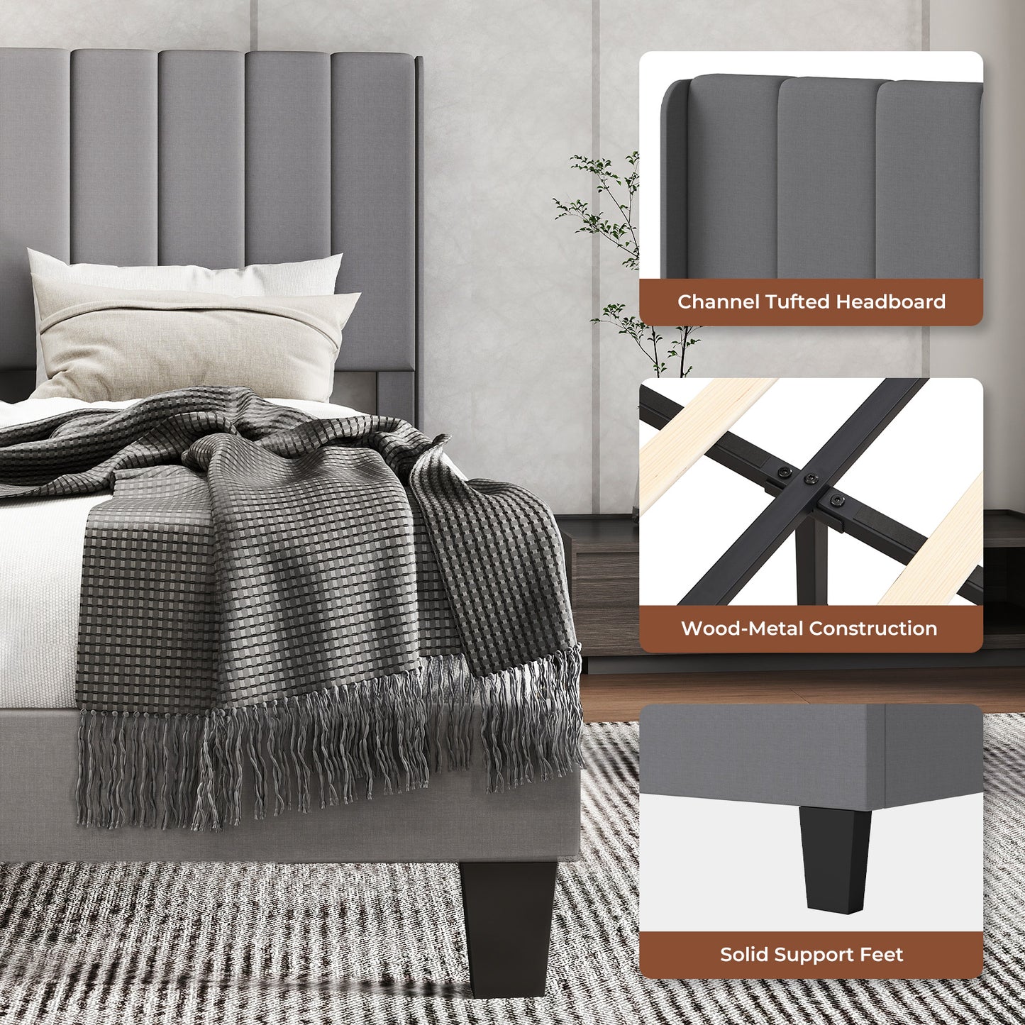 Levede Metal Wooden Bed Frame Double Panel Plush Upholstered Soft Headboard Grey