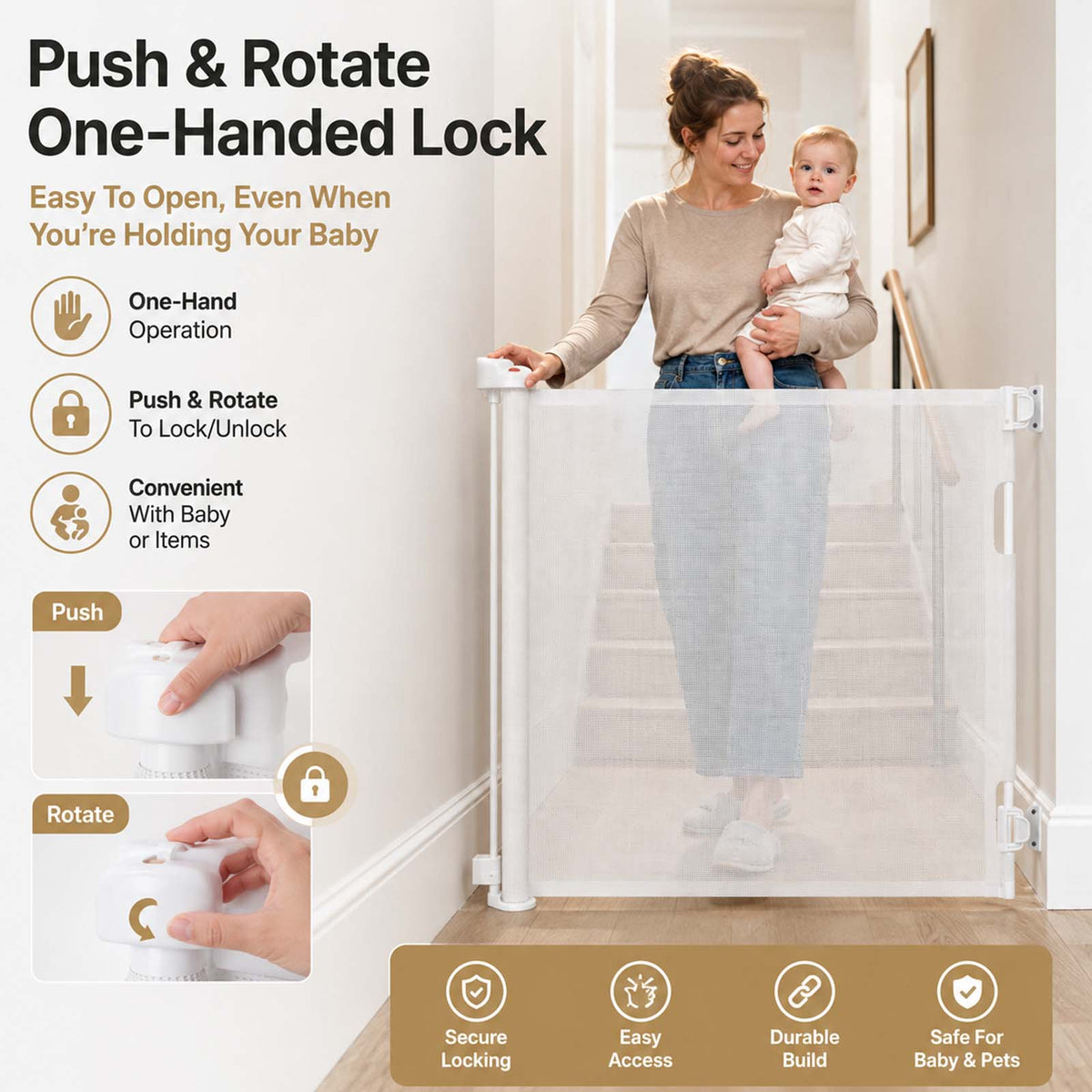Dekko Retractable Stair Gate One Hand Lock 150cm PVC Mesh For Hallways Grey
