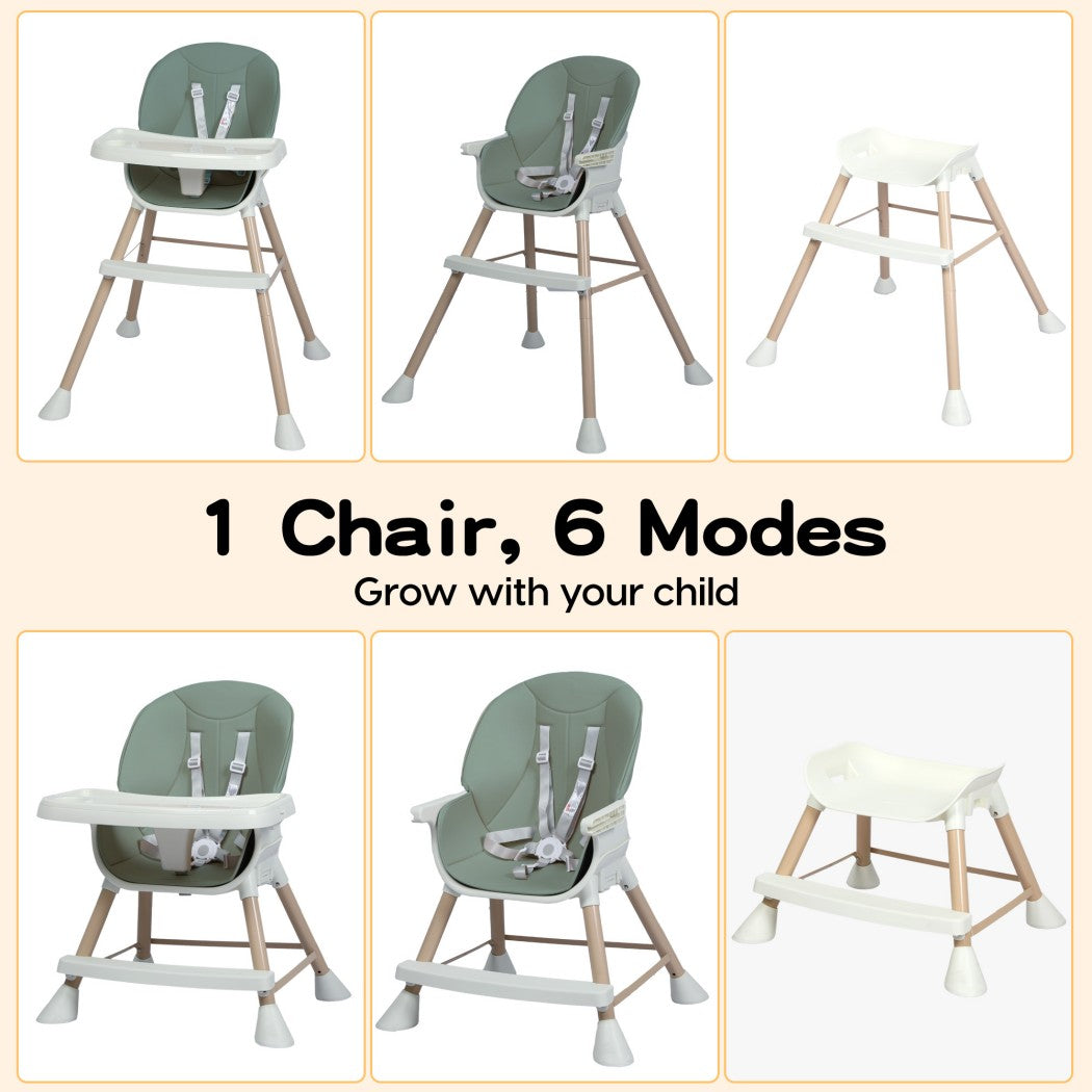 Dekko Baby High Chair Safe Feeding 6-In-1 Removable Seat Tray Adjustable Green