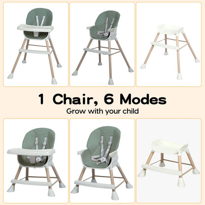 Dekko Baby High Chair Safe Feeding 6-In-1 Removable Seat Tray Adjustable Green