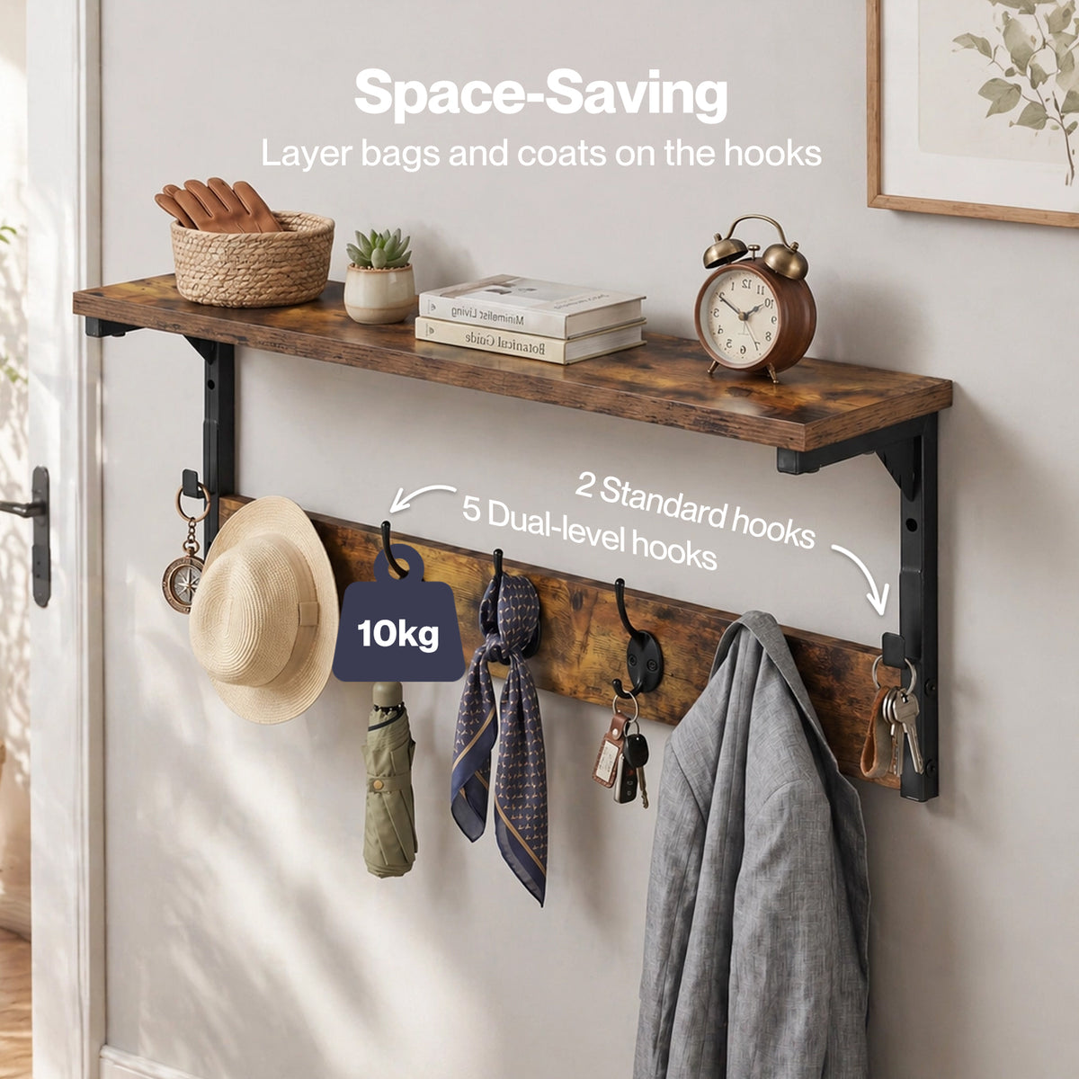 Levede Coat Rack Wall Mounted Wooden Hooks Hangers Storage Shelf