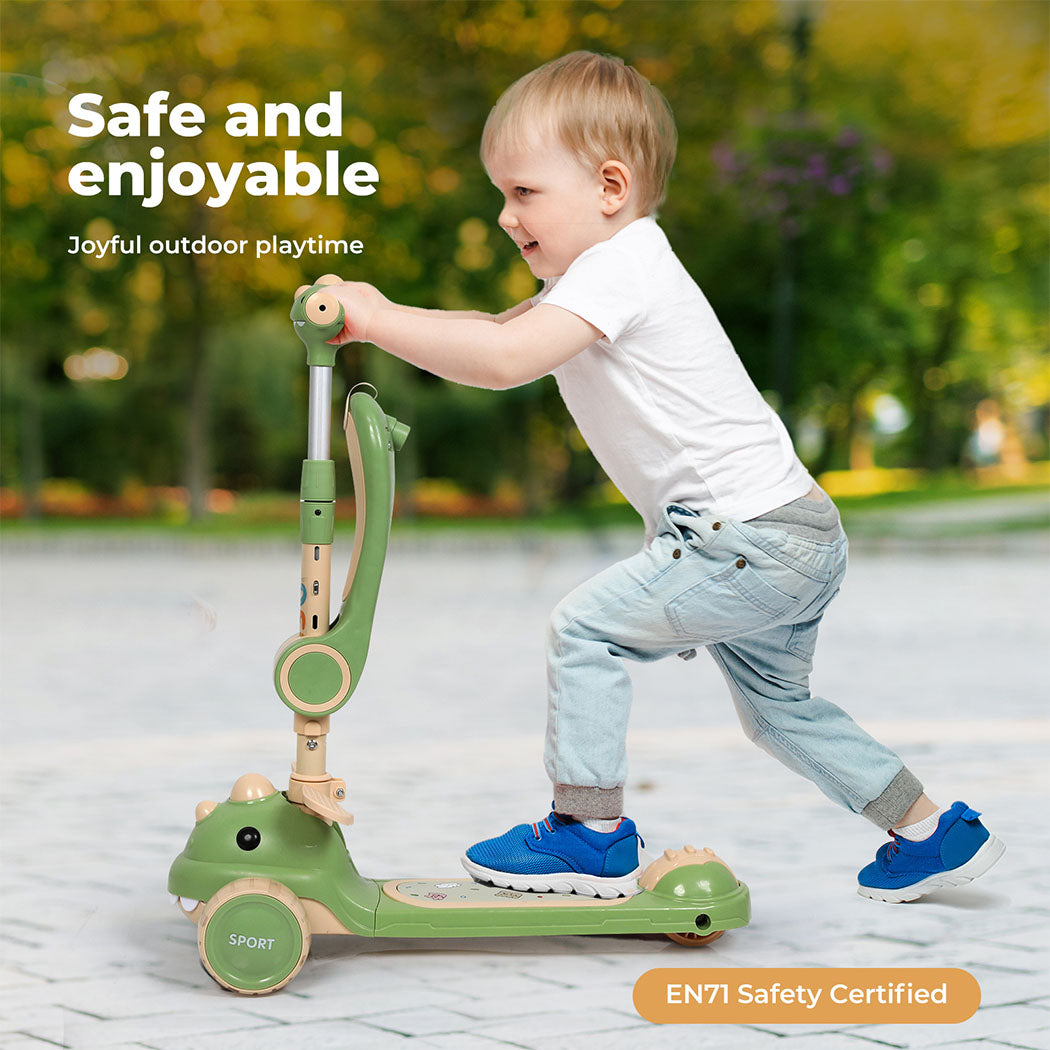 Dekko Foldable Kids Scooter Flip-able Seat Adjustable Height LED Light Green
