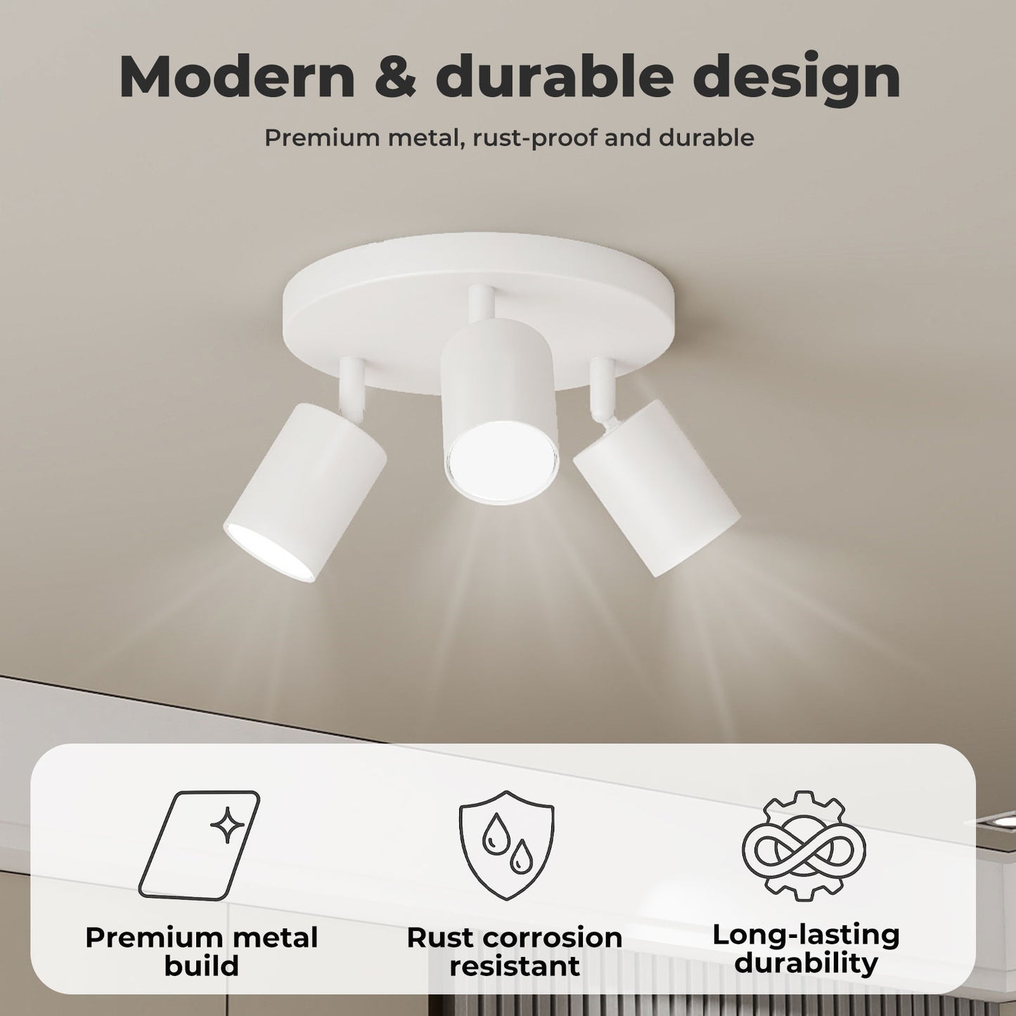 EMITTO 3-Way Spotlight Ceiling Light Adjustable GU10 Modern White Round Base