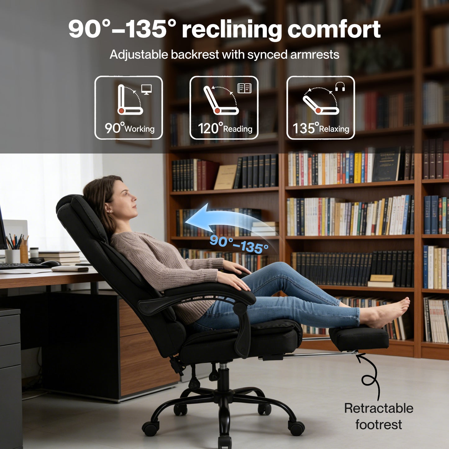 Levede Office Chair with Footrest Linen Fabric High Back Swivel 135° Reclining