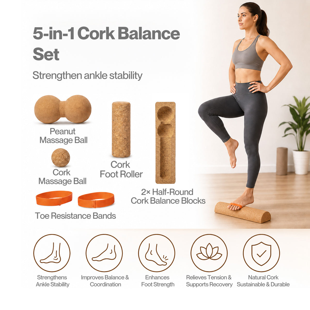 Centra Balance Board 5-In-1 Cork Ankle Trainer With Massage Ball Home Brown