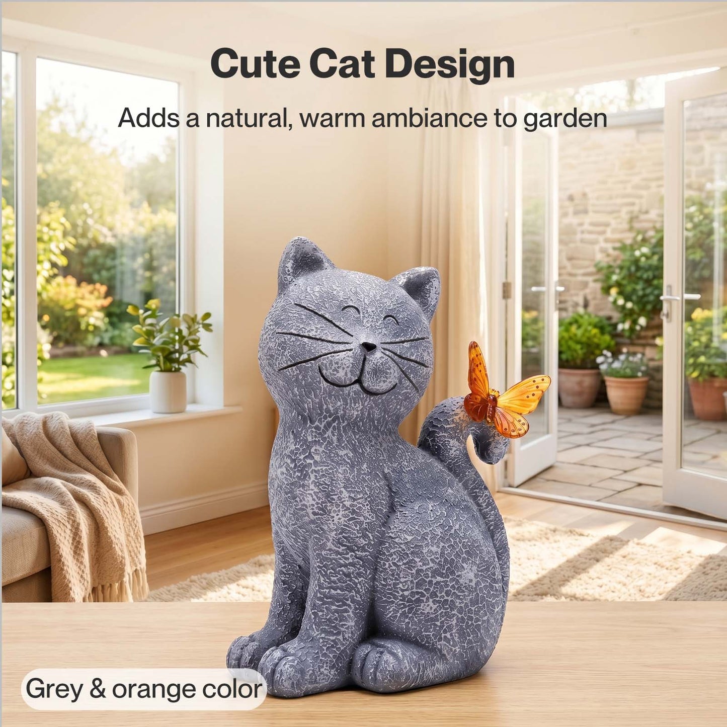 Emitto Cat Garden Ornaments Outdoor Resin Gray Orange Solar LED Decor