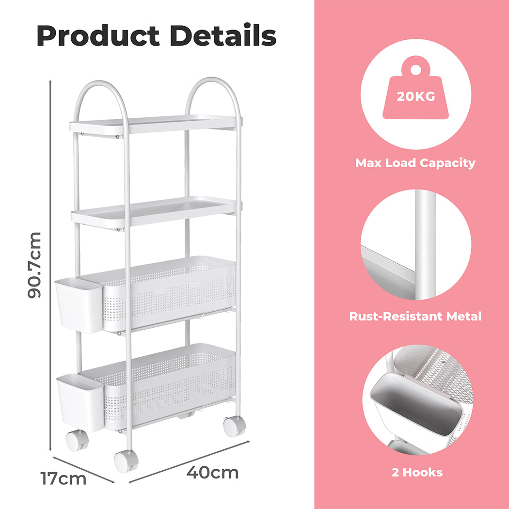 Levede 4 Tier Kitchen Trolley Cart Narrow on Wheels Pull out Bakset Storage Bins