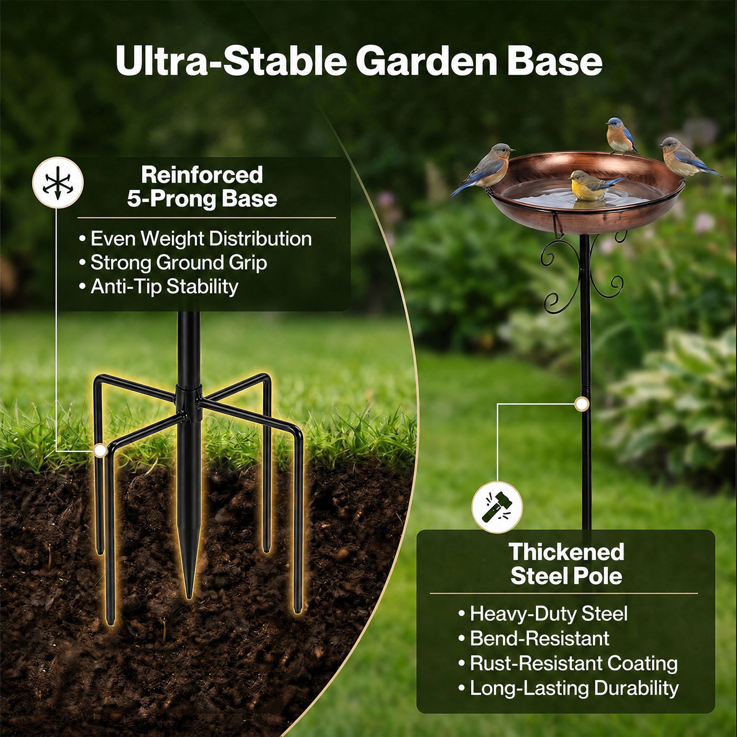 TOQUE Metal Bird Bath Outdoor Garden Bird Feeder Bowl Patio Decor Freestanding