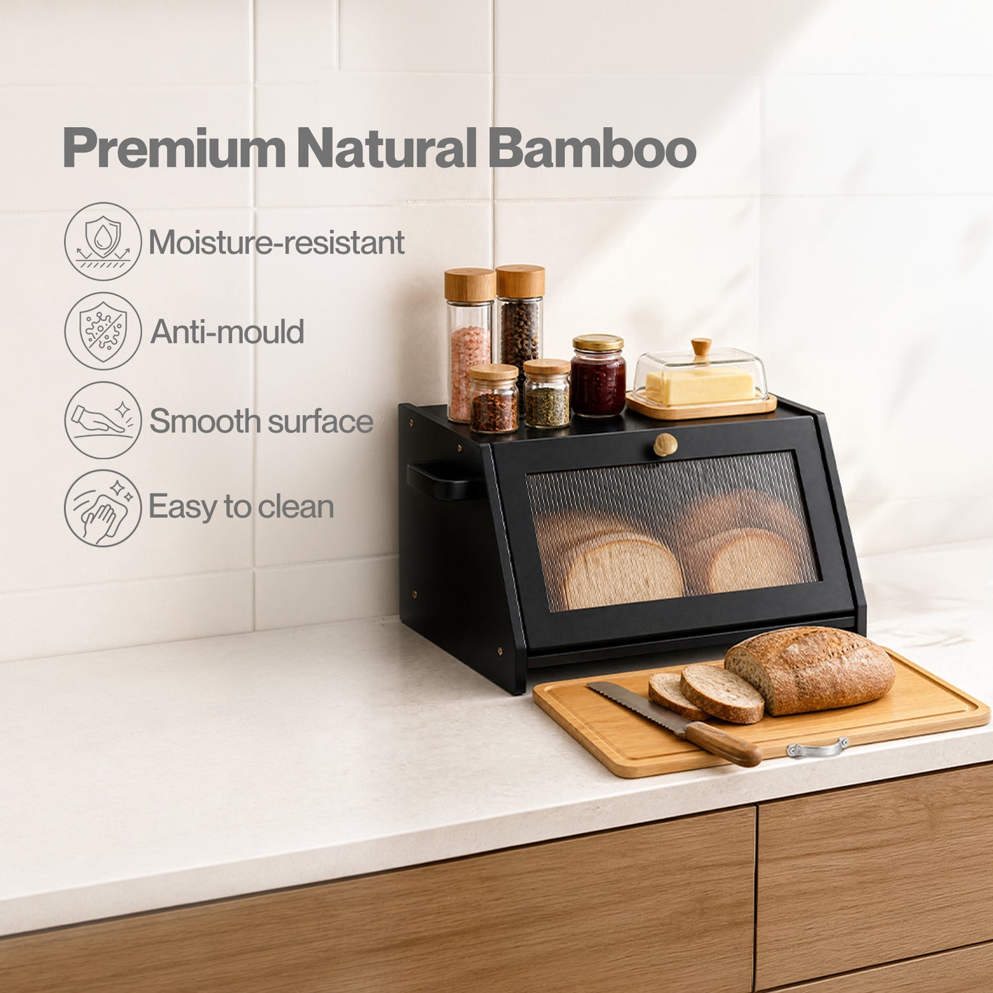 TOQUE Bread Box  Wooden Bread Bin 2-Tier Bamboo Bread Storage Holder Black