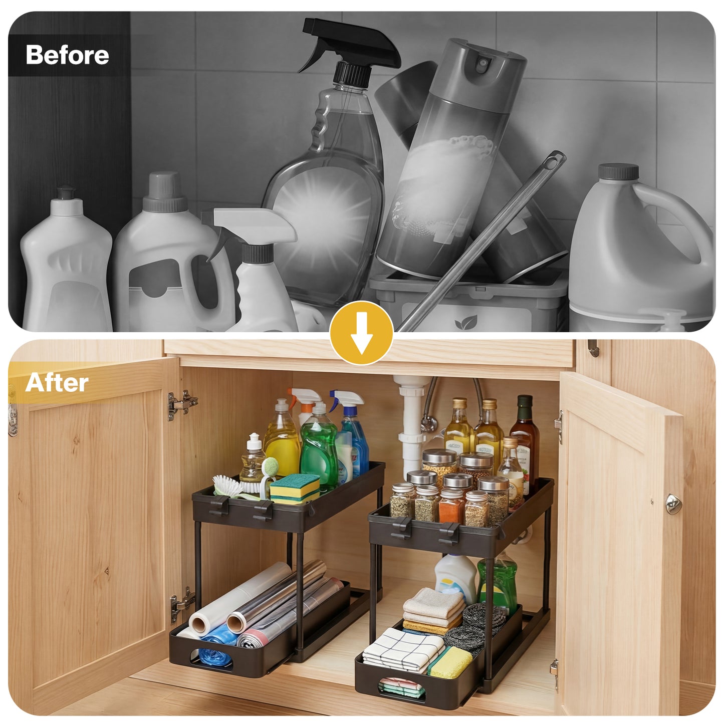 Toque Under Sink Storage Kitchen Sliding Drawer Pull Out Organiser 2 Pack Black