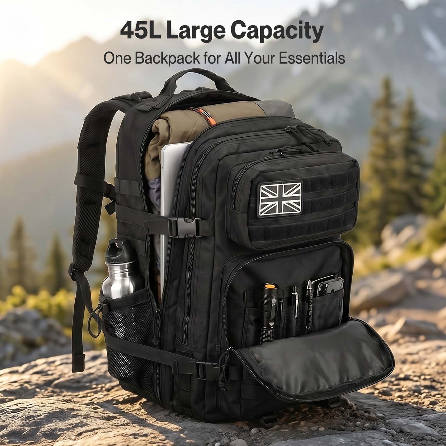 Swifto Military Backpack 45L Tactical Backpack 900D Oxford for Hiking Black