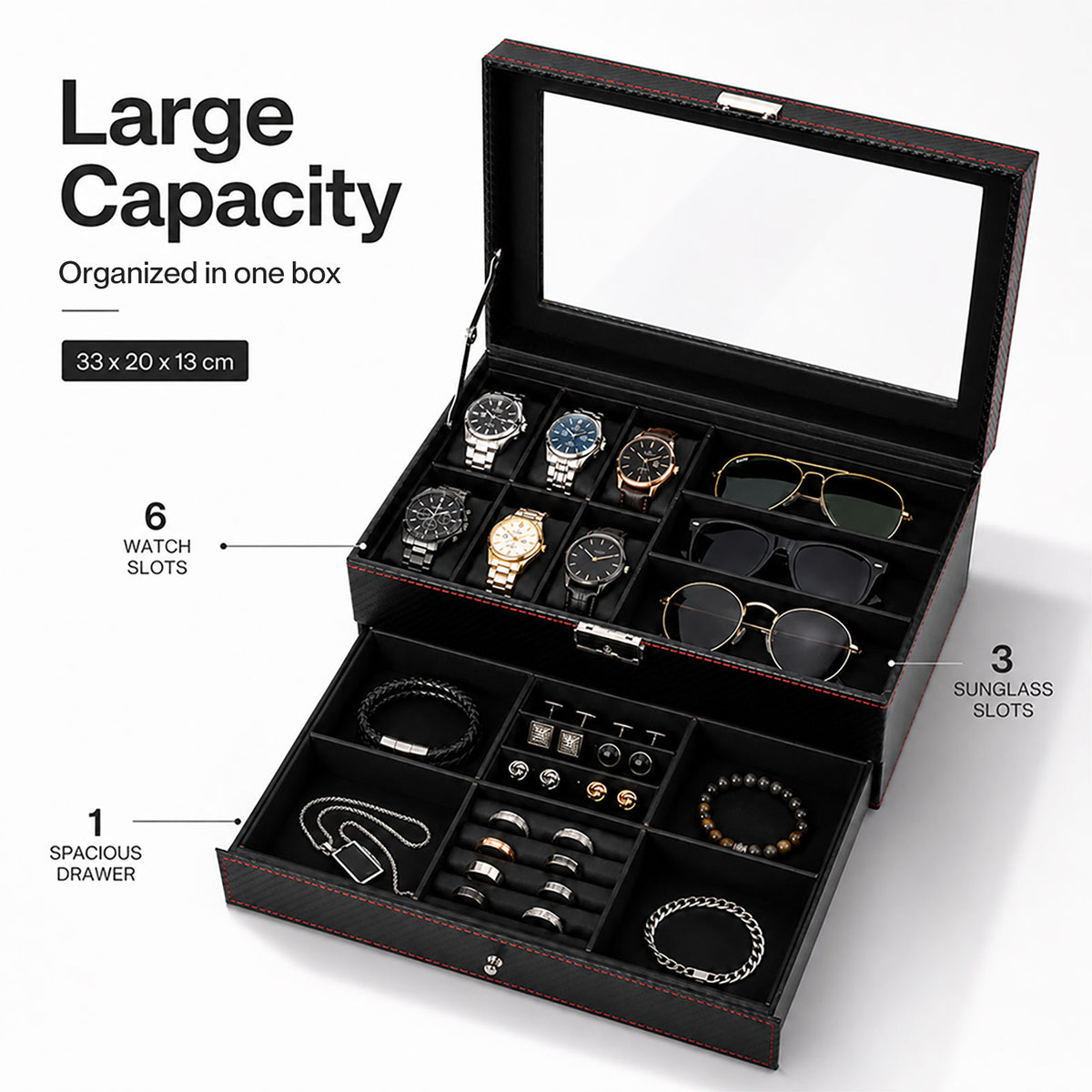 Watch Box Watch Storage Jewelry Box 2 Layer Glass Lid Lockable Display Black