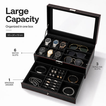 Watch Box Watch Storage Jewelry Box 2 Layer Glass Lid Lockable Display Black