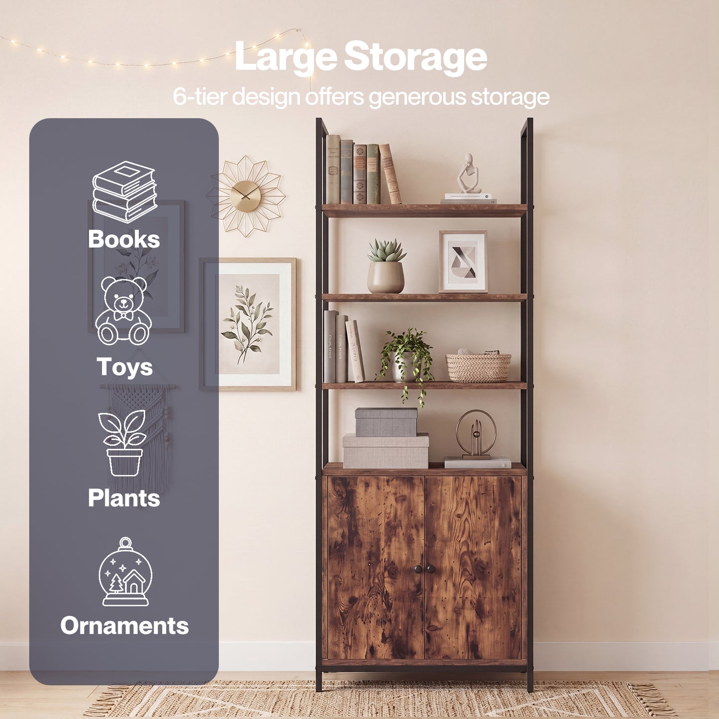 Levede Bookshelf 6 Tier Adjustable Display Shelf  90kg Living Room Walnut Colour
