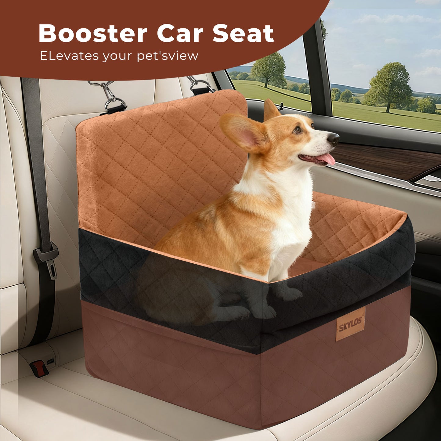 Skylos Dog Booster Car Seat Cosy Cats Pet Travel Bed with Safety Leash Brown