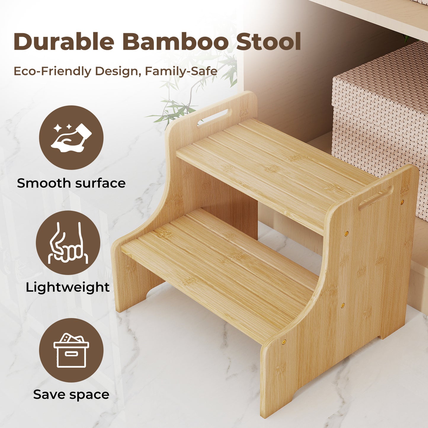 Levede Bamboo 2 Step Stool Non Slip for Potty Training Bathroom Splash Handle