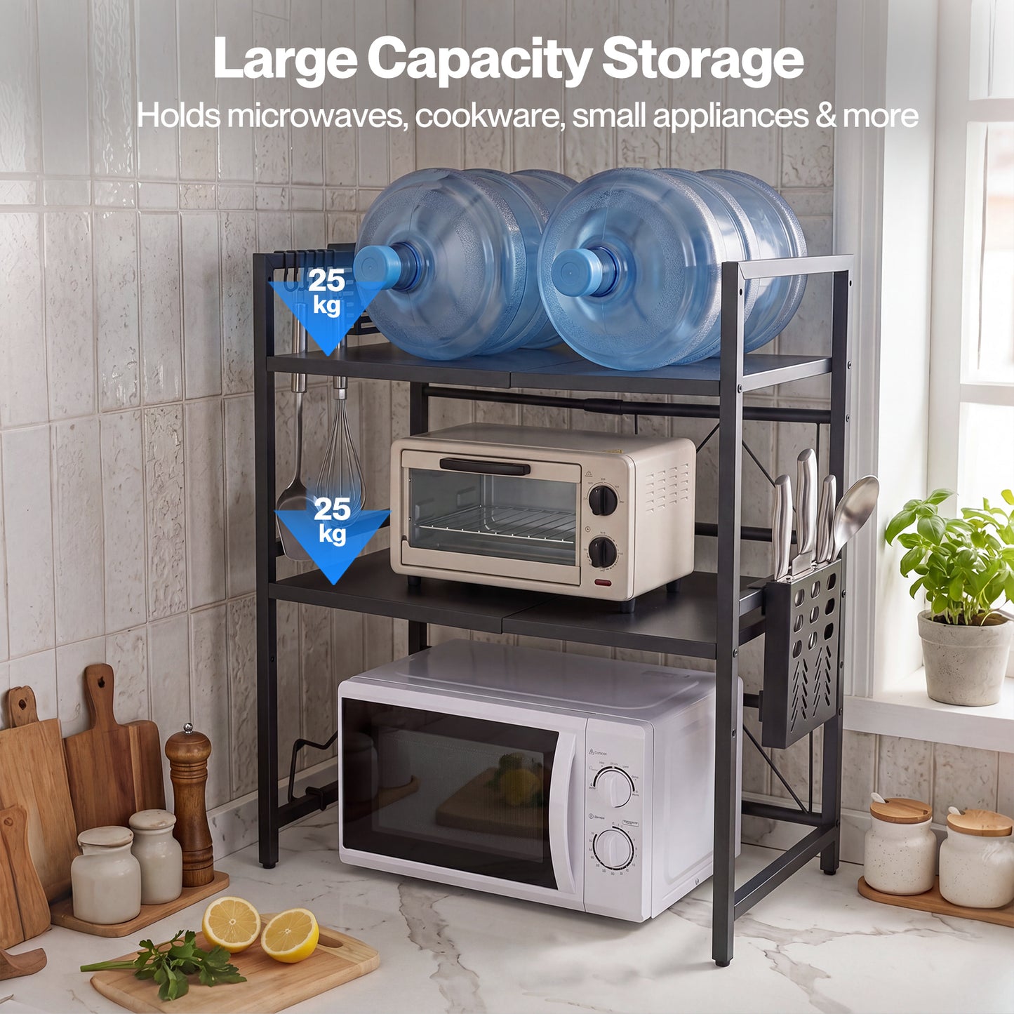 TOQUE 3 Tier Expandable Microwave Oven Rack Stand Kitchen Storage Shelf Black