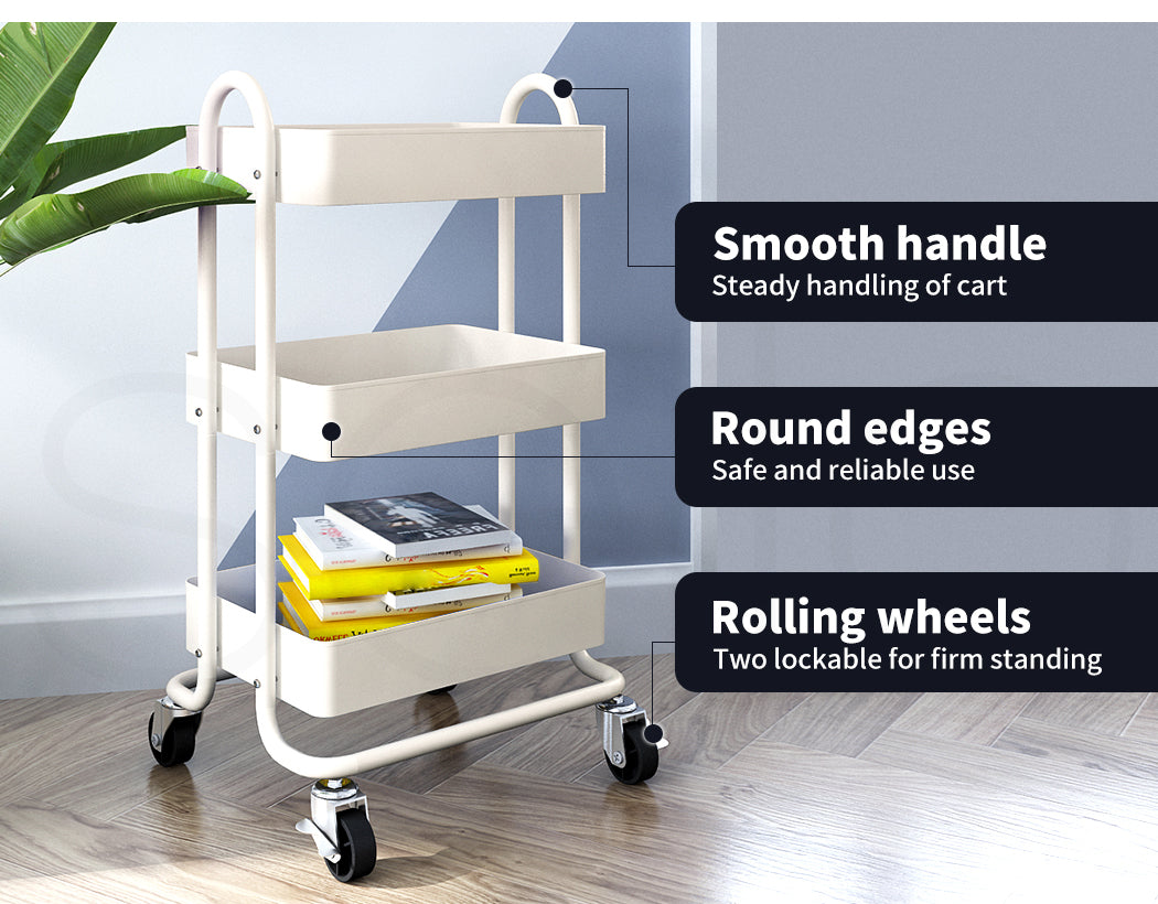 Levede 3 Tiers Kitchen Trolley Cart Steel Storage Rack Shelf Organiser White