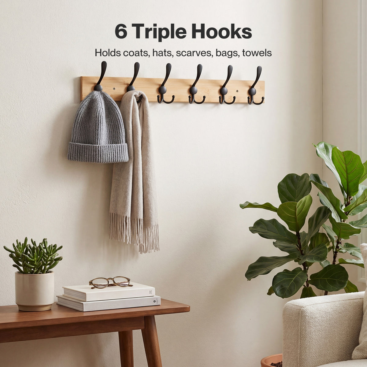 Levede Coat Rack Wall Mounted 6 Triple Hooks Holds Coats & Bags  Hallway Bamboo