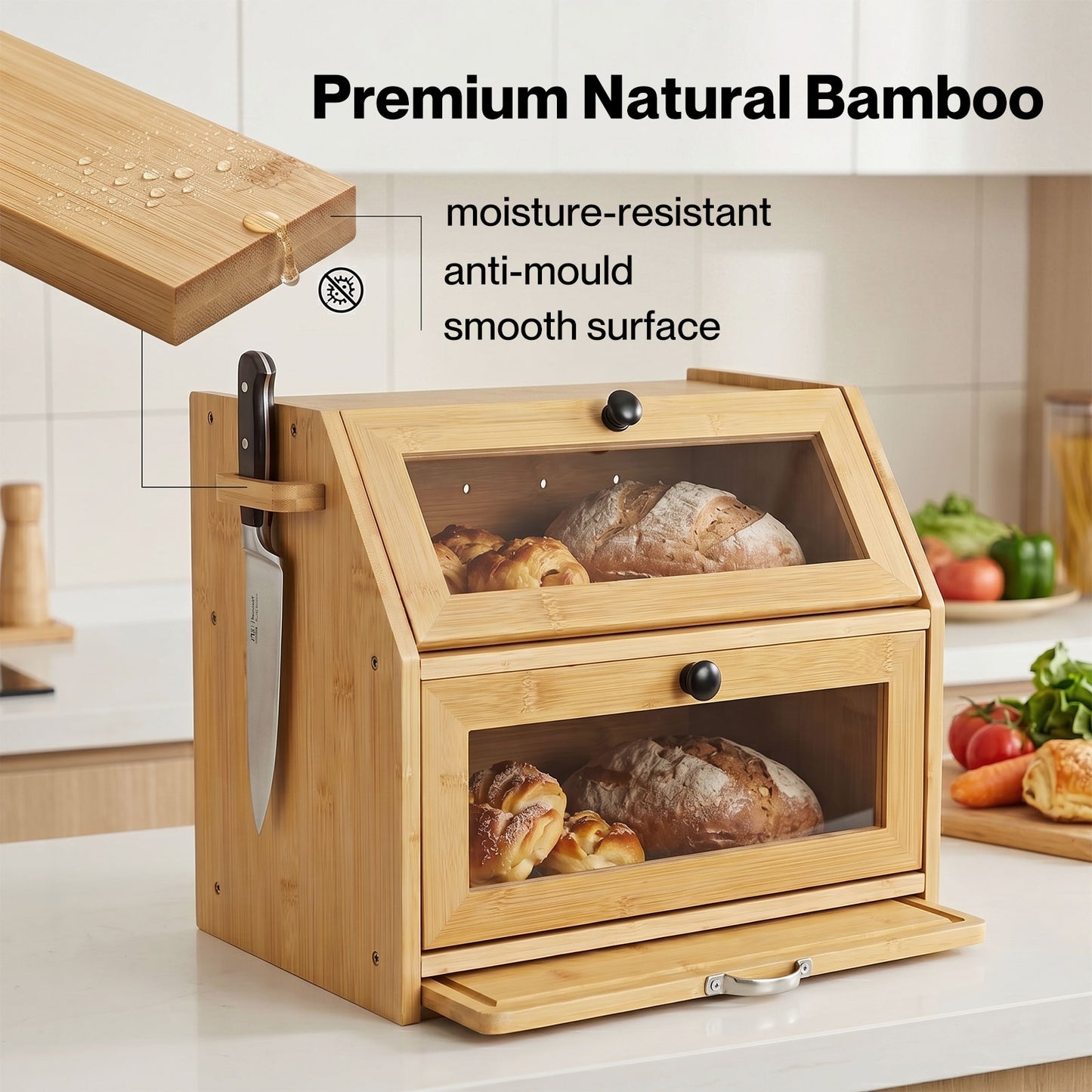 TOQUE 33L Bamboo Bread Bin with Cutting Board Bread Storage Box Natural