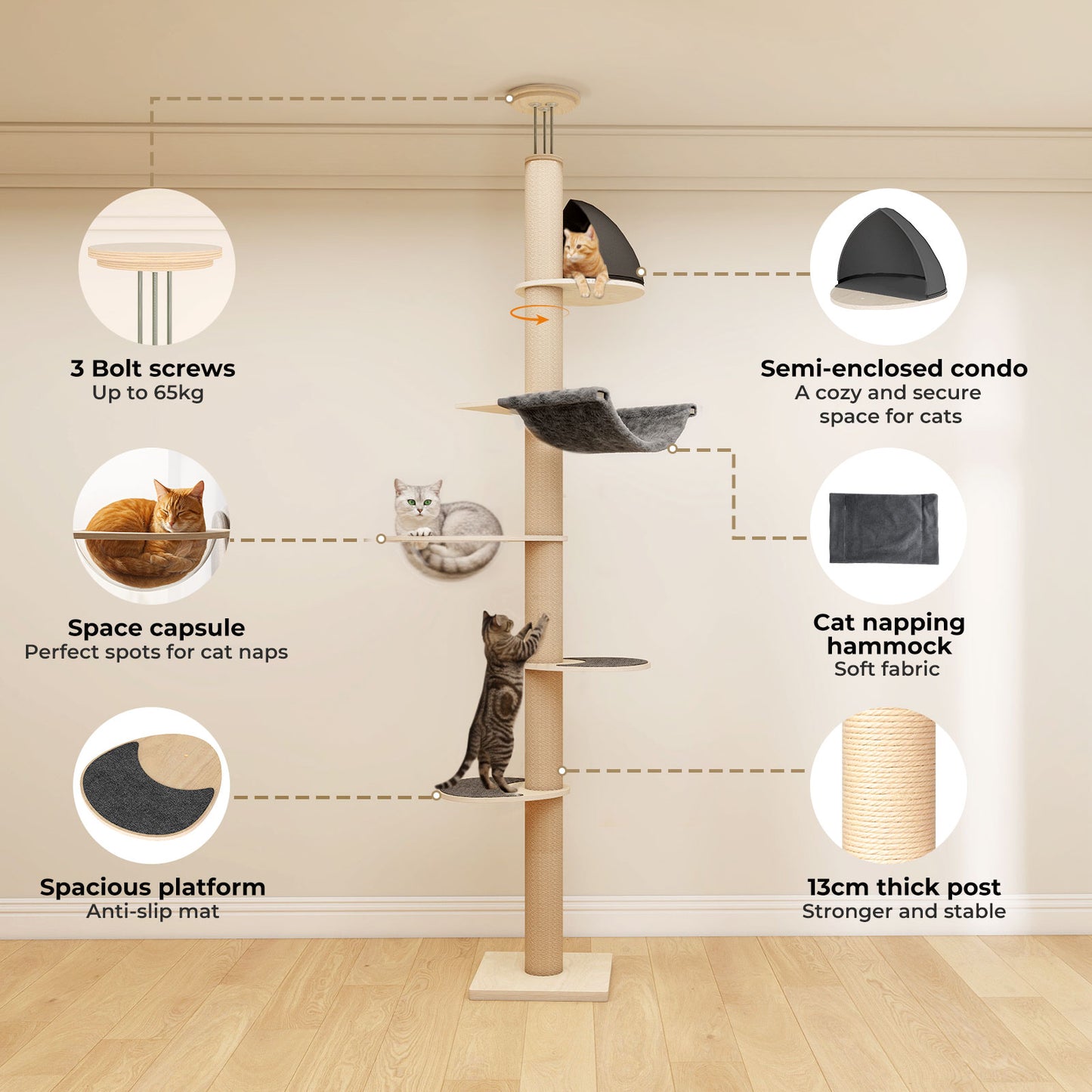 Skylos Cat Tree Activity Center Scratching Post with Condo Perch Bed Hammock