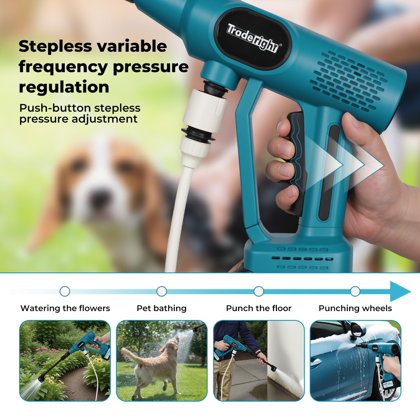 Traderight Cordless Pressure Washer 50Bar/725PSI Dual 4000mAh  6-in-1 Nozzle LCD