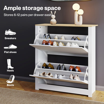 Levede Shoe Cabinet White Narrow Flip Drawers Adjustable Shelves Storage Cabinet
