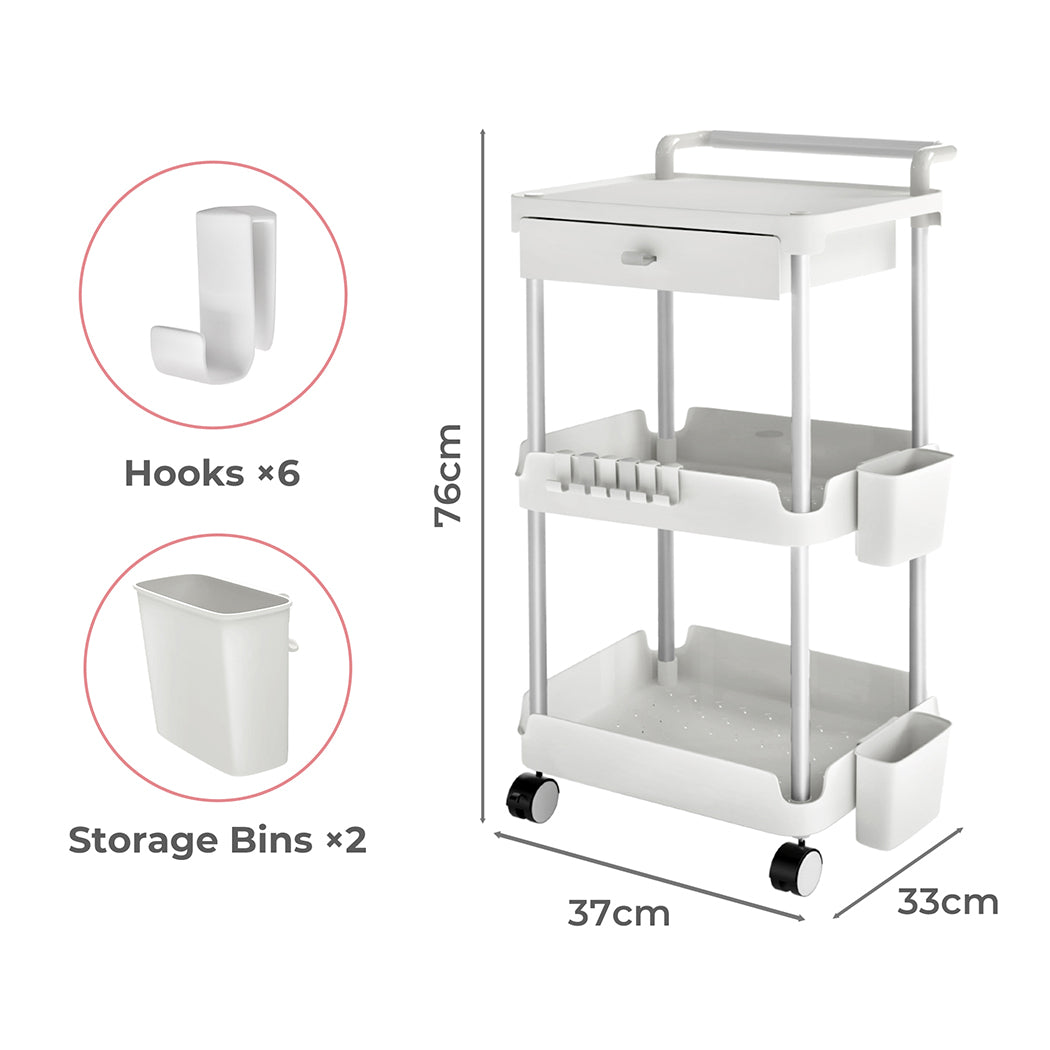 Levede 3 Tier Kitchen Trolley Cart on Wheels Metal Rolling Storage Island White