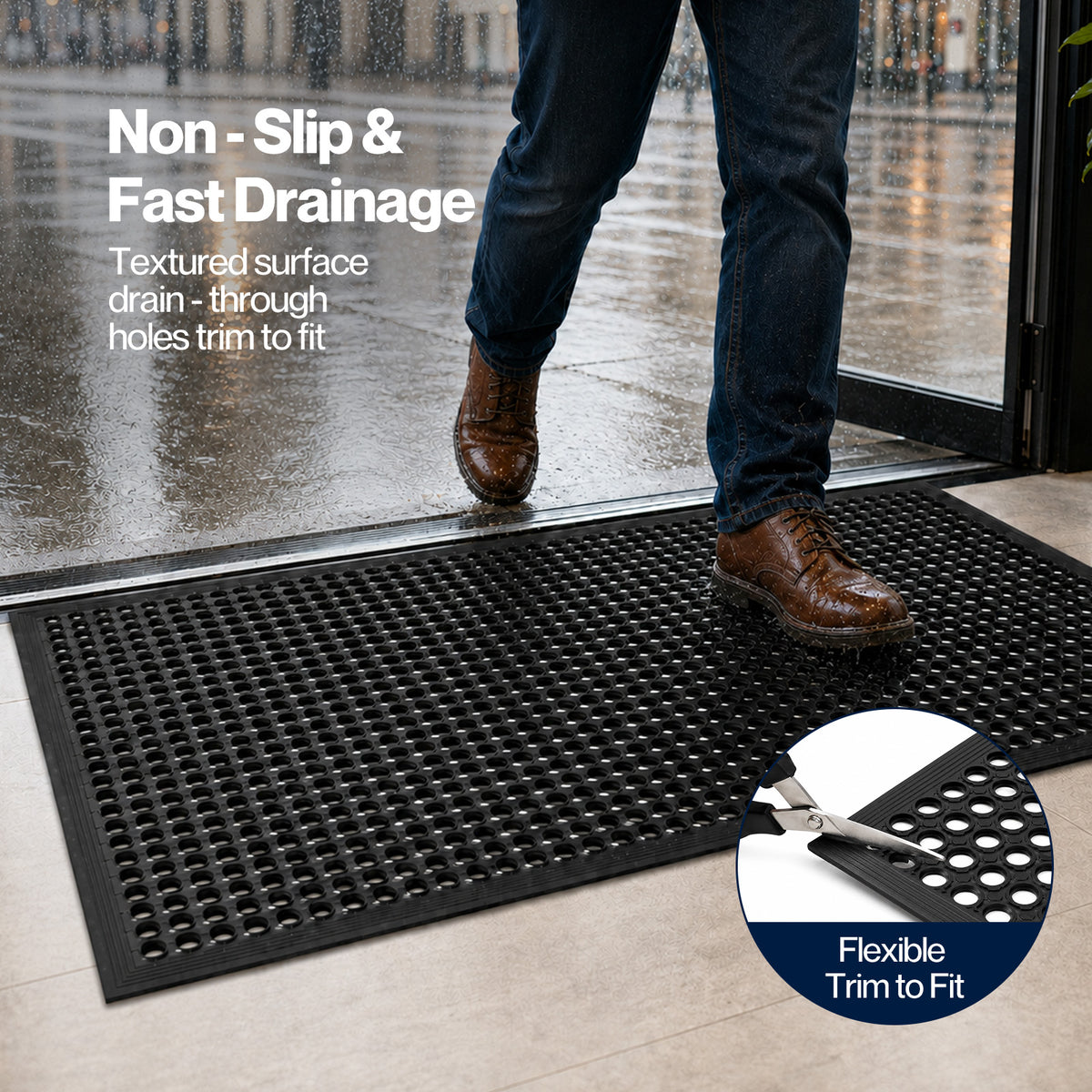 Marlow Door Mat Outdoor Rubber Drainage Slip-Resistant for Garage Entry Black