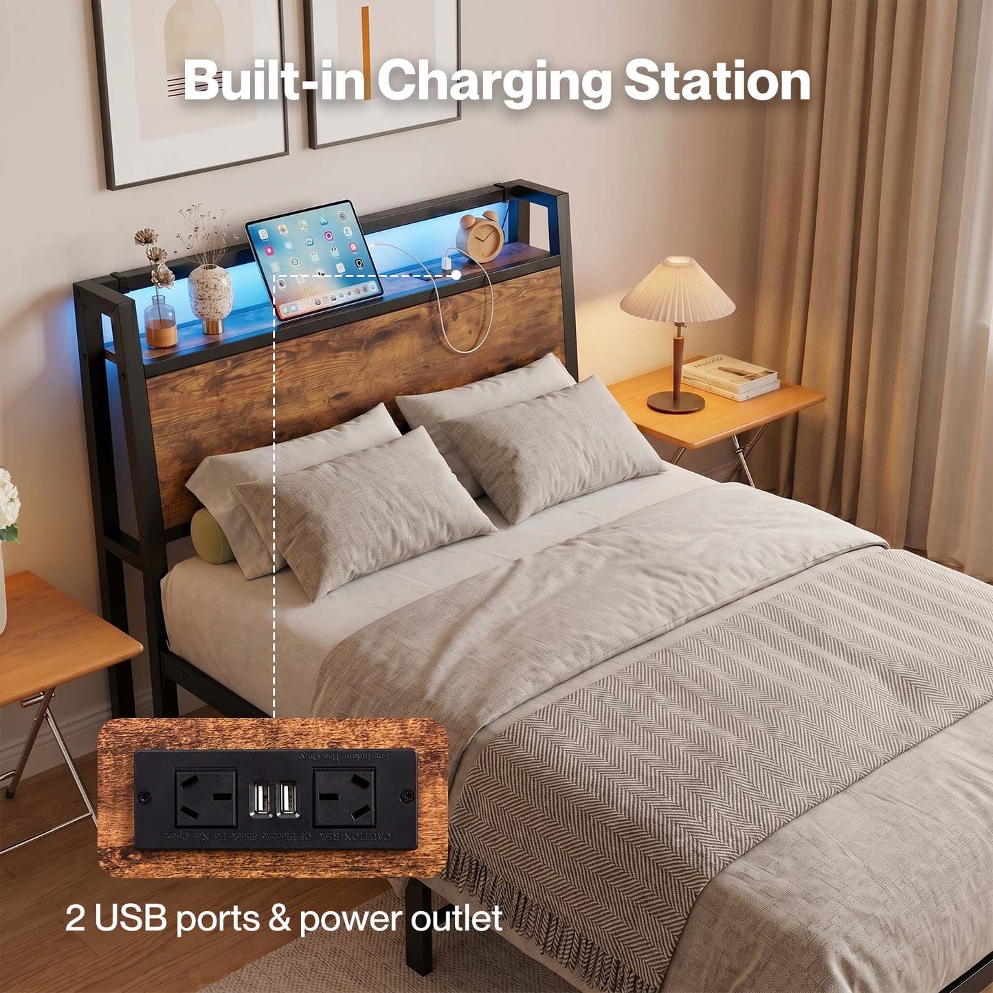 Levede Single Bed Frame Platform Storage Headboard Charging Station LED Lights