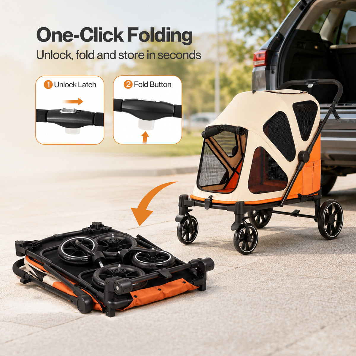 Skylos Dog Stroller Pet Pram Foldable Shock Absorbing Wheels Outdoor Orange