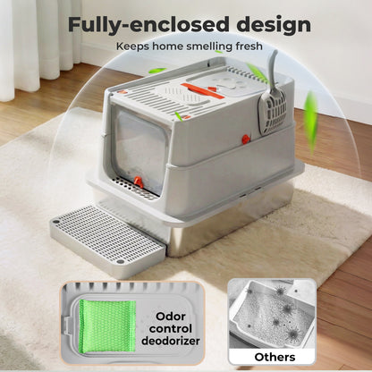 Skylos Stainless Steel Cats Litter Box Hooded High Enclosed Large Kitty Toilet