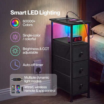 Levede Slim Bedside Table with Charging Station 3 Drawers for Bedroom Black