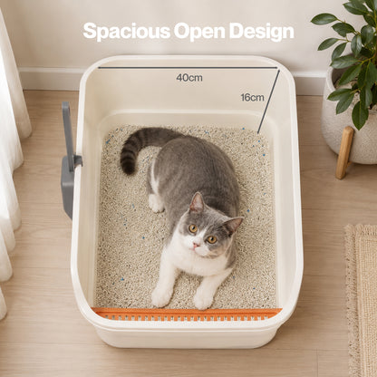 Skylos Cat Litter Tray Spacious High Sided Low Entry Open Pan for Cats Beige
