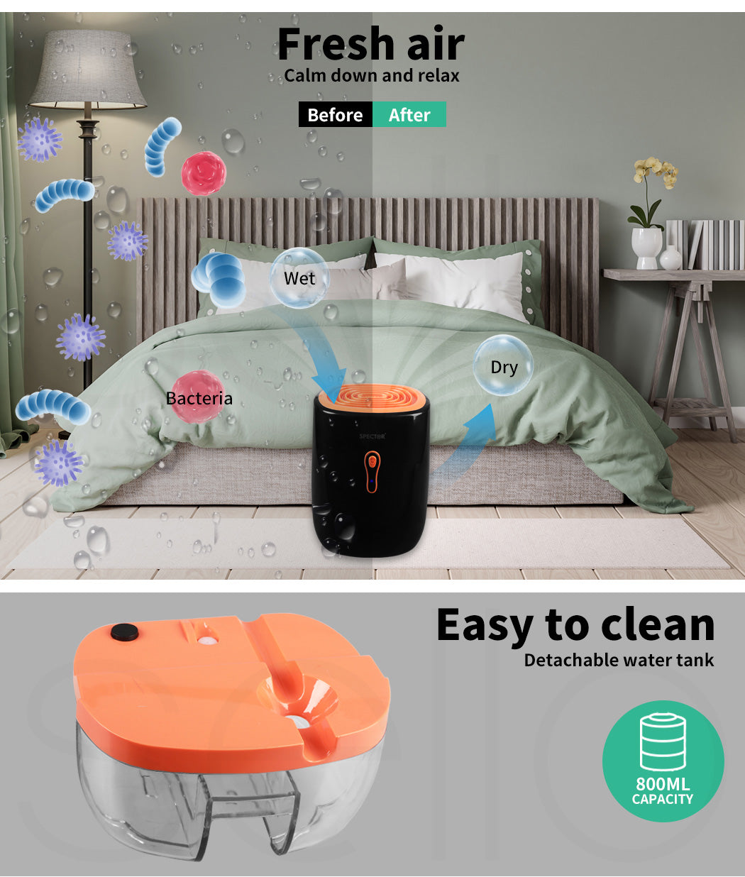 Spector 800ML Mini Dehumidifier Moisture Absorber Home Office Air Purify Dryer