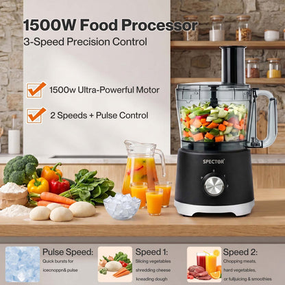 Spector Food Processor 1500W 2-Speed Pulse 2.5L Chopper 1.5L Glass Jug Black