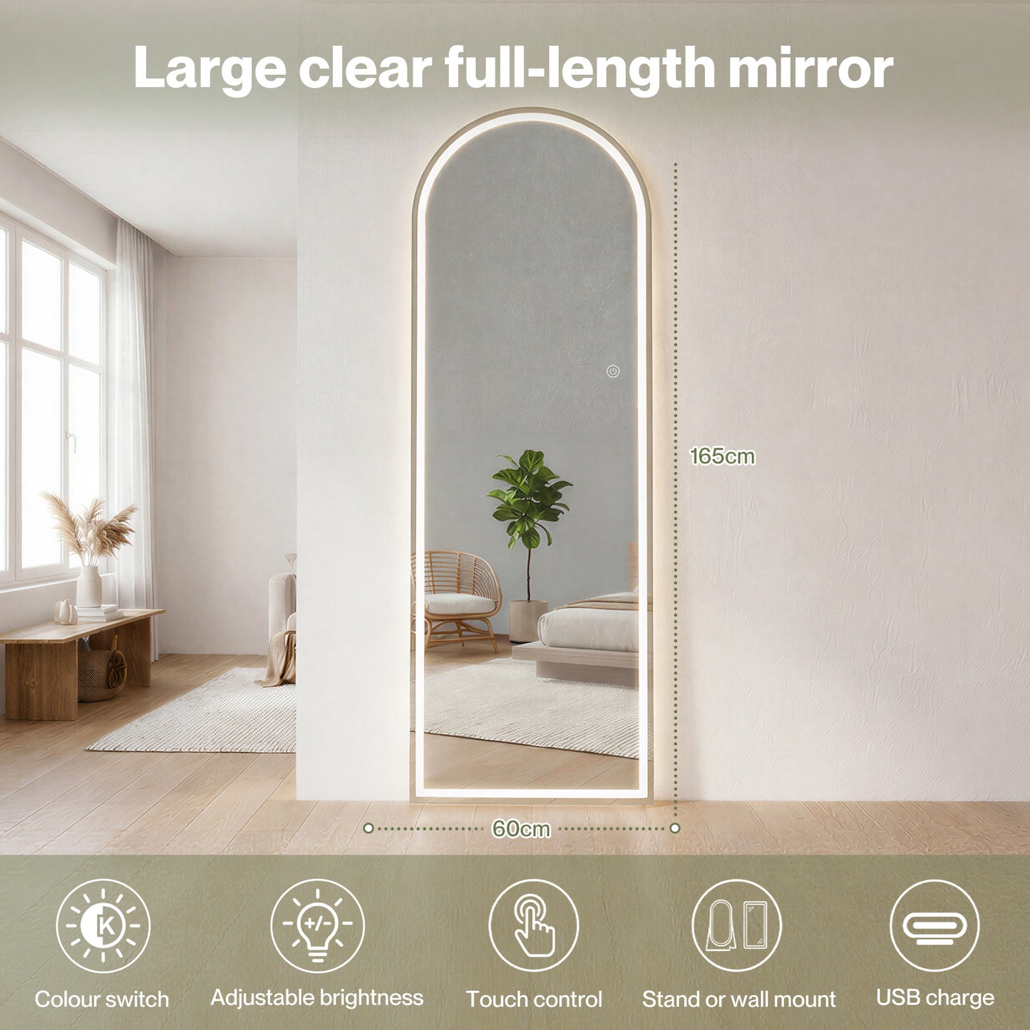 Yezi Full Length Mirror Arched LED Touch Buttons Light-Adjustable 165x60cm White