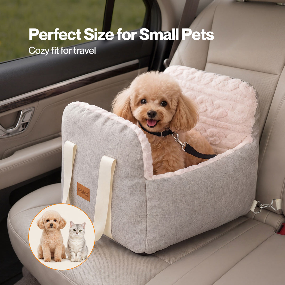 Skylos Dog Car Seat Safe Booster Bed Small Pets Travel Carrier Washable Beige