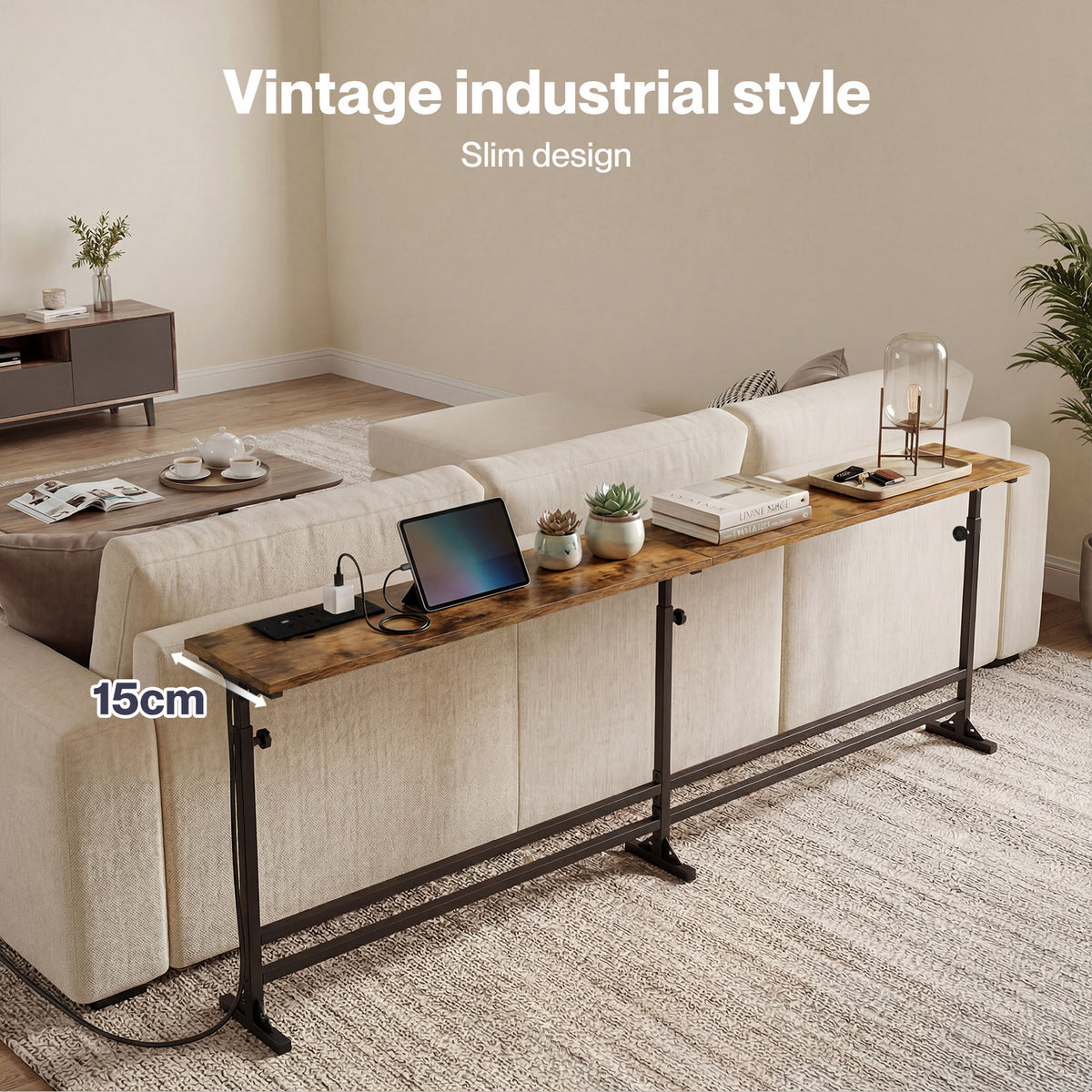 Levede Console Table Narrow Adjustable with Power Outlet for Hallway Brown